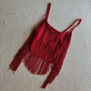 Shelly Fringe Crop Top Square Neck Spaghetti Strap Red Festival Concert Sm - M
